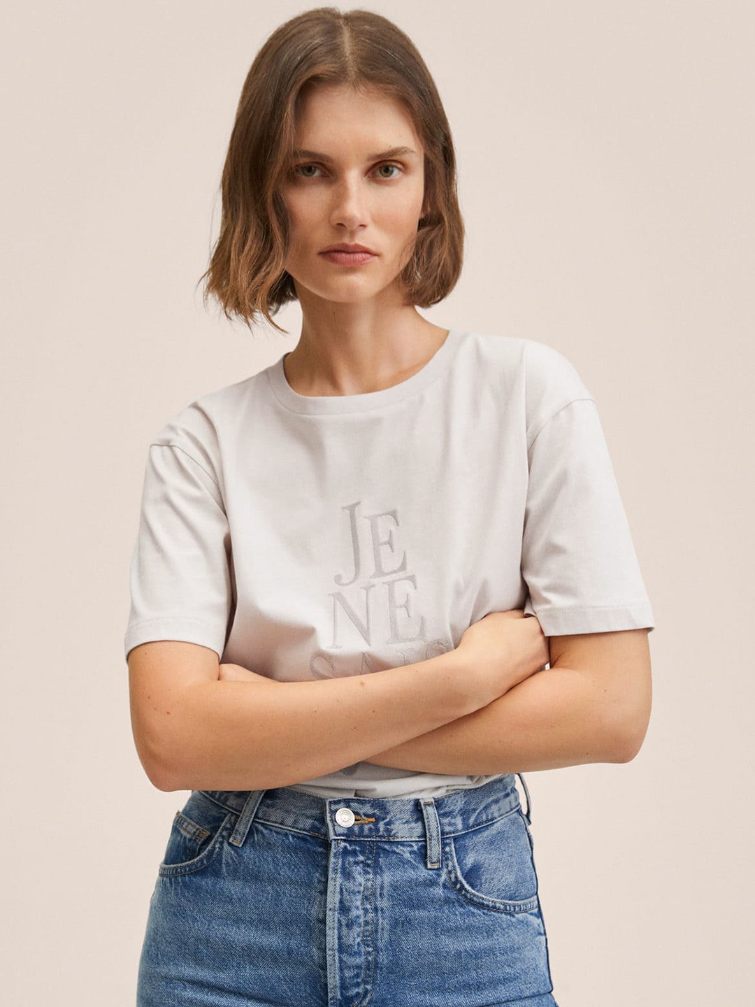 

MANGO Women Grey Pure Cotton Embroidered T-shirt