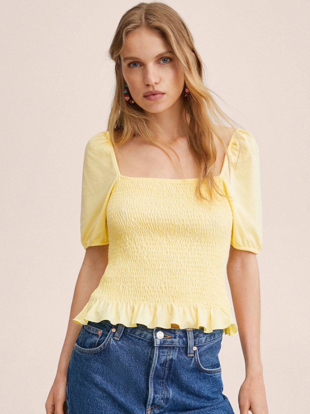 

MANGO Yellow Pure Cotton Smocked Top