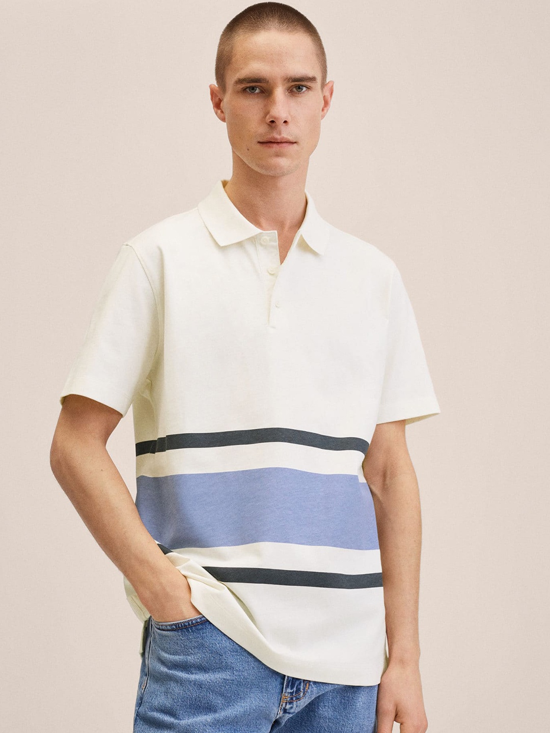 

MANGO MAN White & Blue Pure Cotton Striped Polo Collar T-shirt