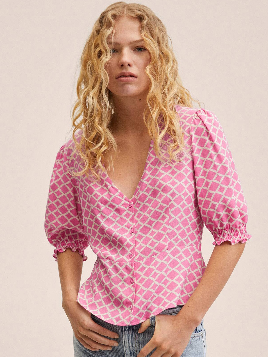 

MANGO Pink & Beige Geometric Print Top