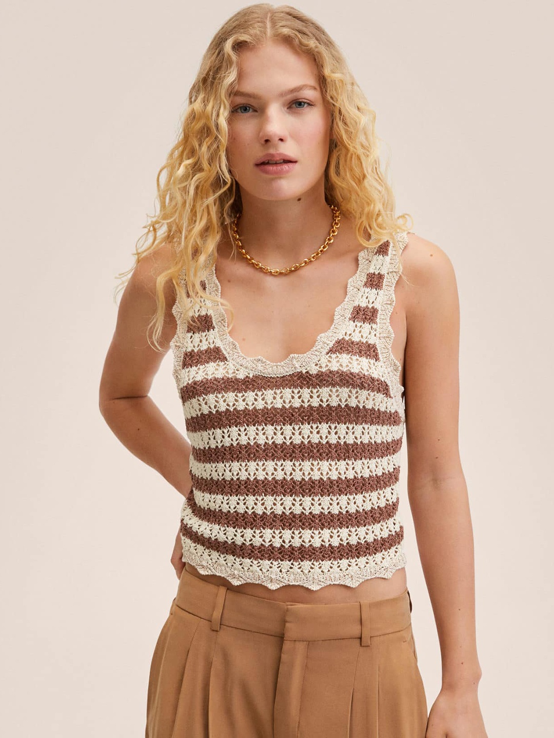 

MANGO Off White & Brown Striped Crochet Knit Crop Top