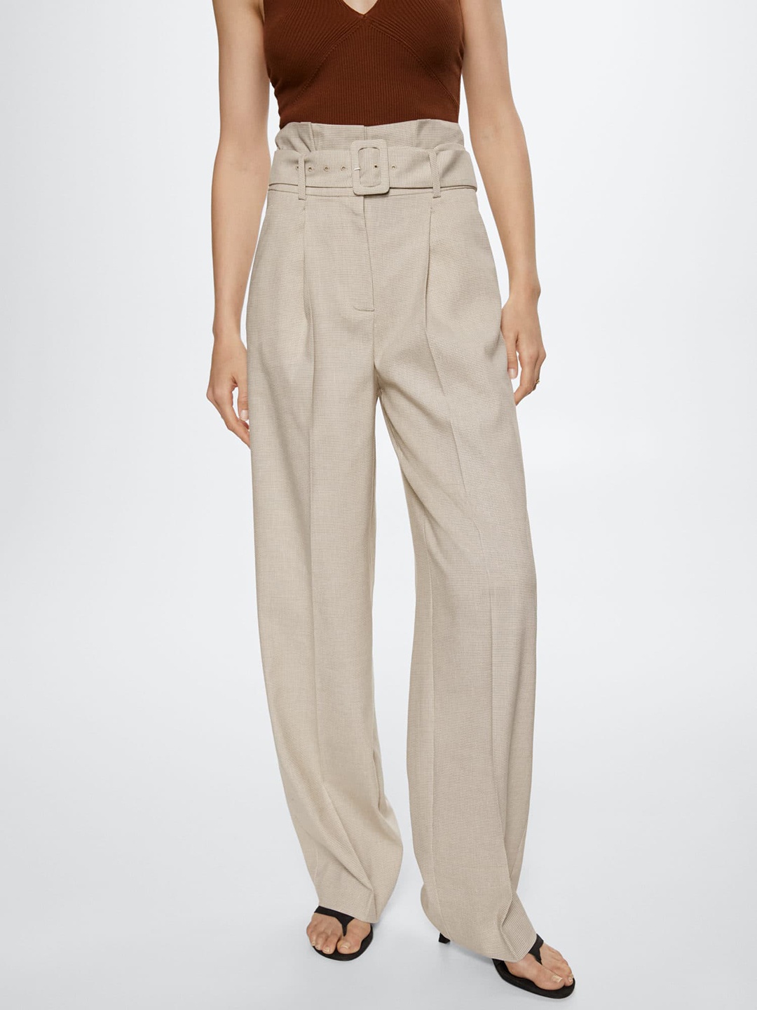 

MANGO Women Beige Checked Straight Fit Pleated Trousers Comes with a Belt