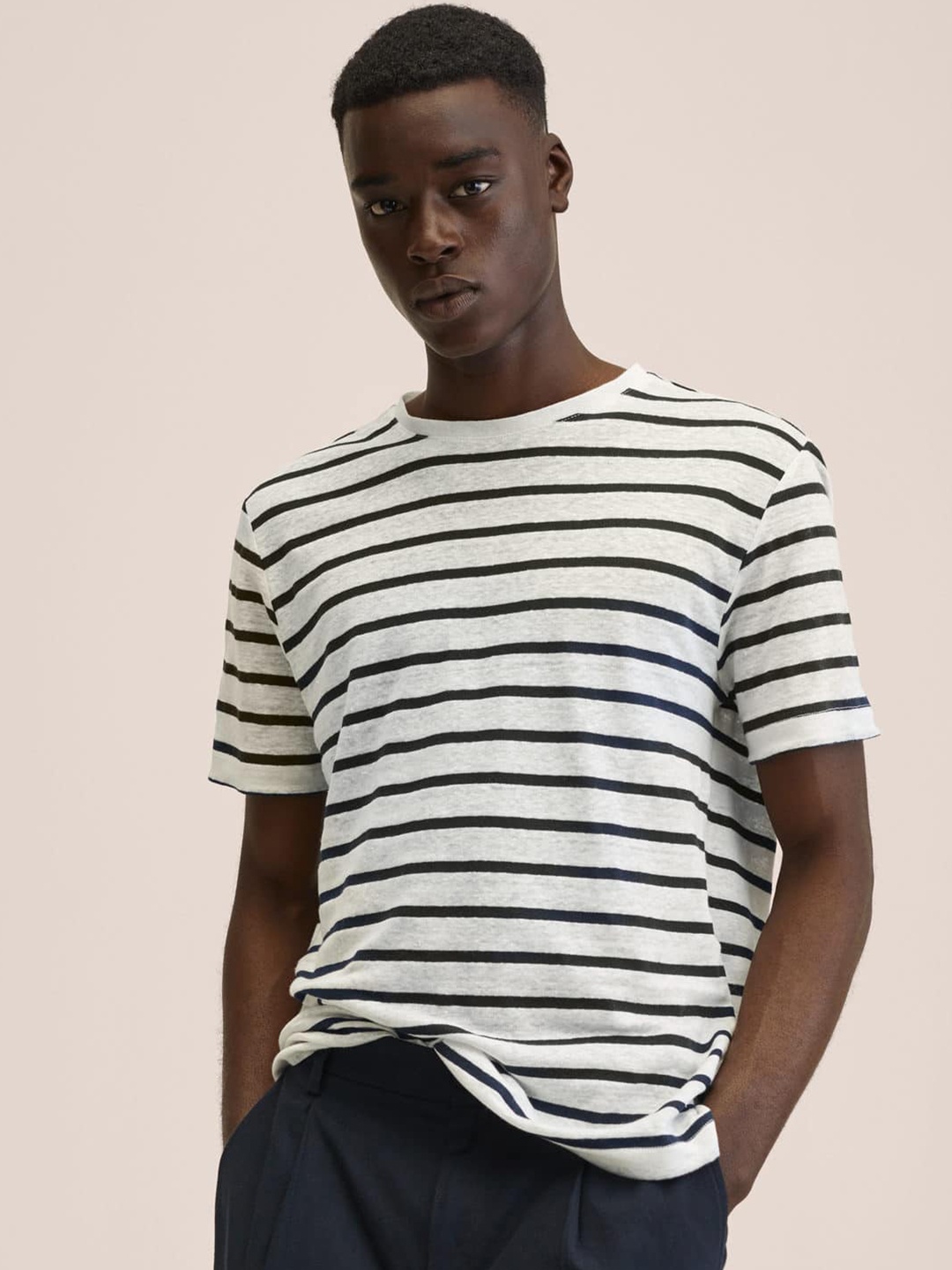 

MANGO MAN White & Navy Blue Striped T-shirt