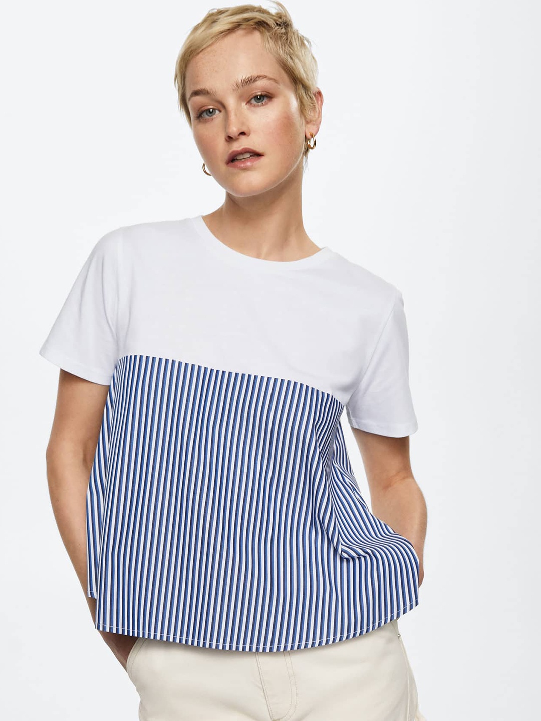 

MANGO Women White & Blue Pure Cotton Striped T-shirt