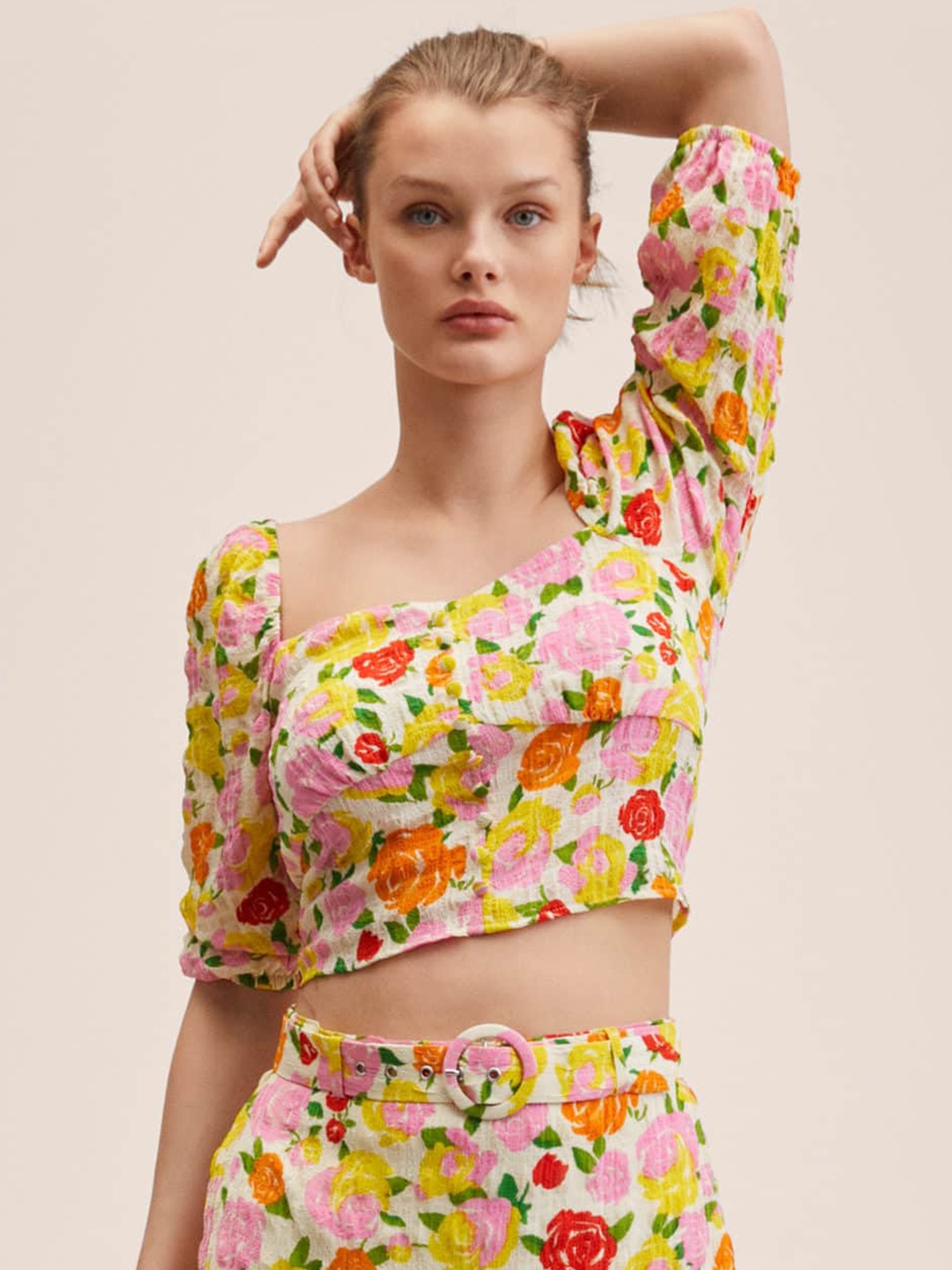 

MANGO Multicoloured Floral Print Sweetheart Neck Crop Top, Multi