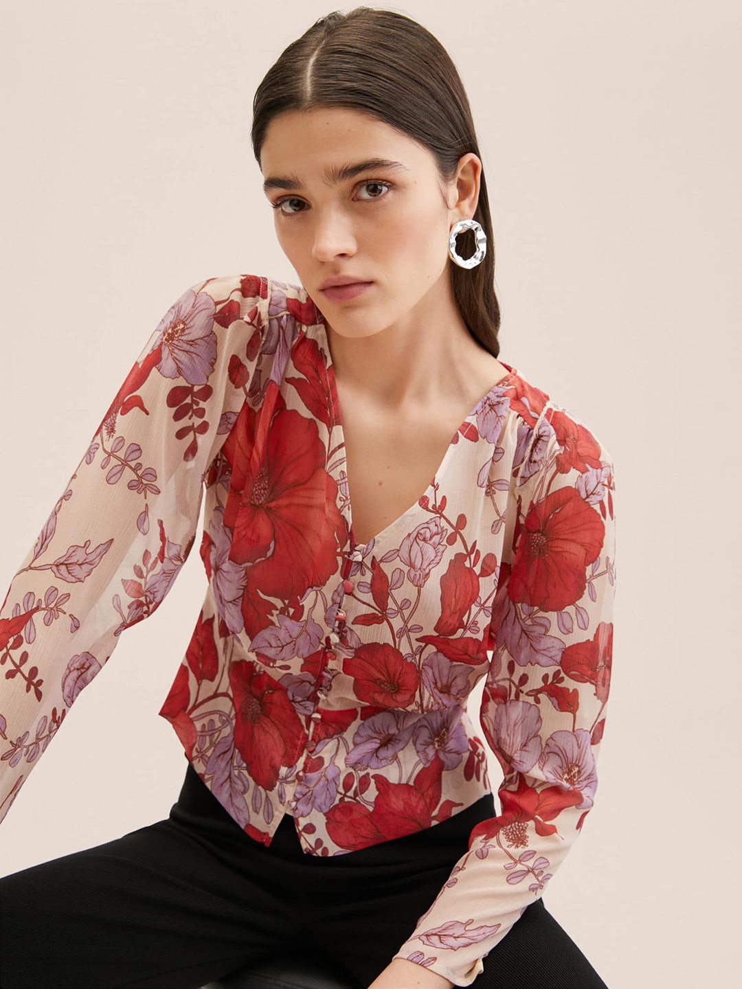 

MANGO Women Red & Off White Floral Print Top