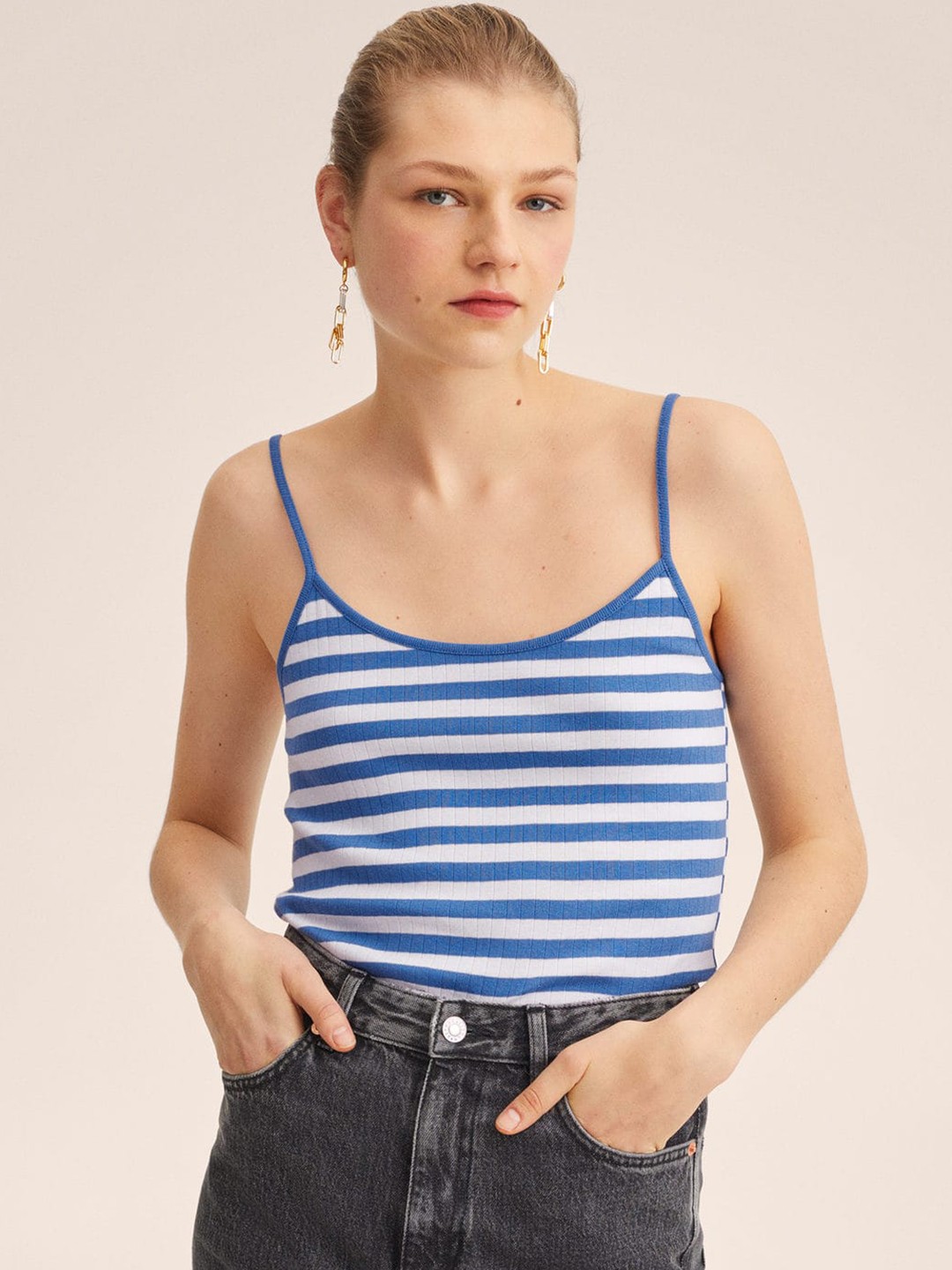 

MANGO Blue & White Pure Cotton Striped Top
