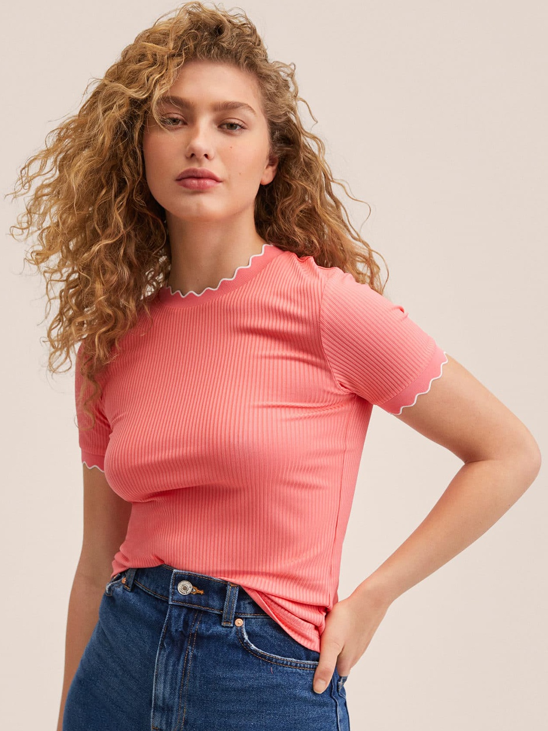 

MANGO Women Pink T-shirt with Lettuce Edge