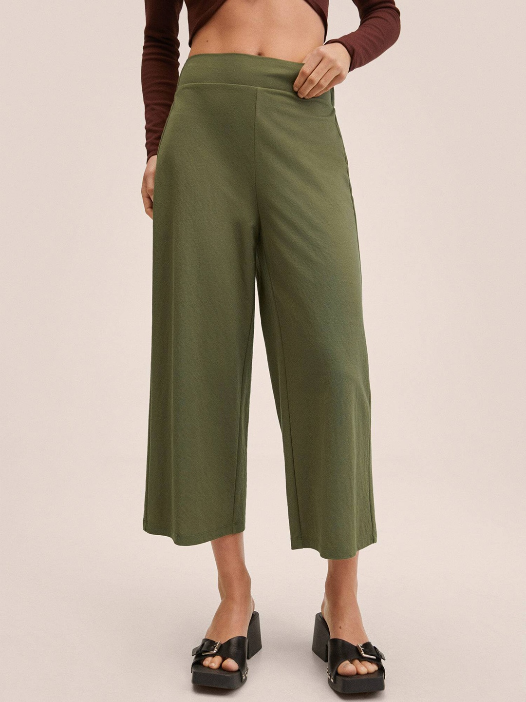 

MANGO Women Olive Green Solid High-Rise Culottes
