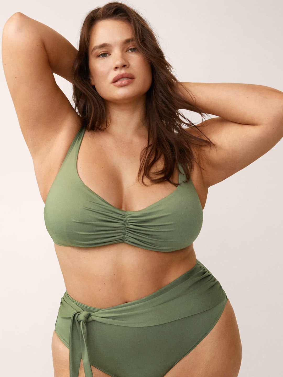 

MANGO Women Olive Green Solid Swim Top