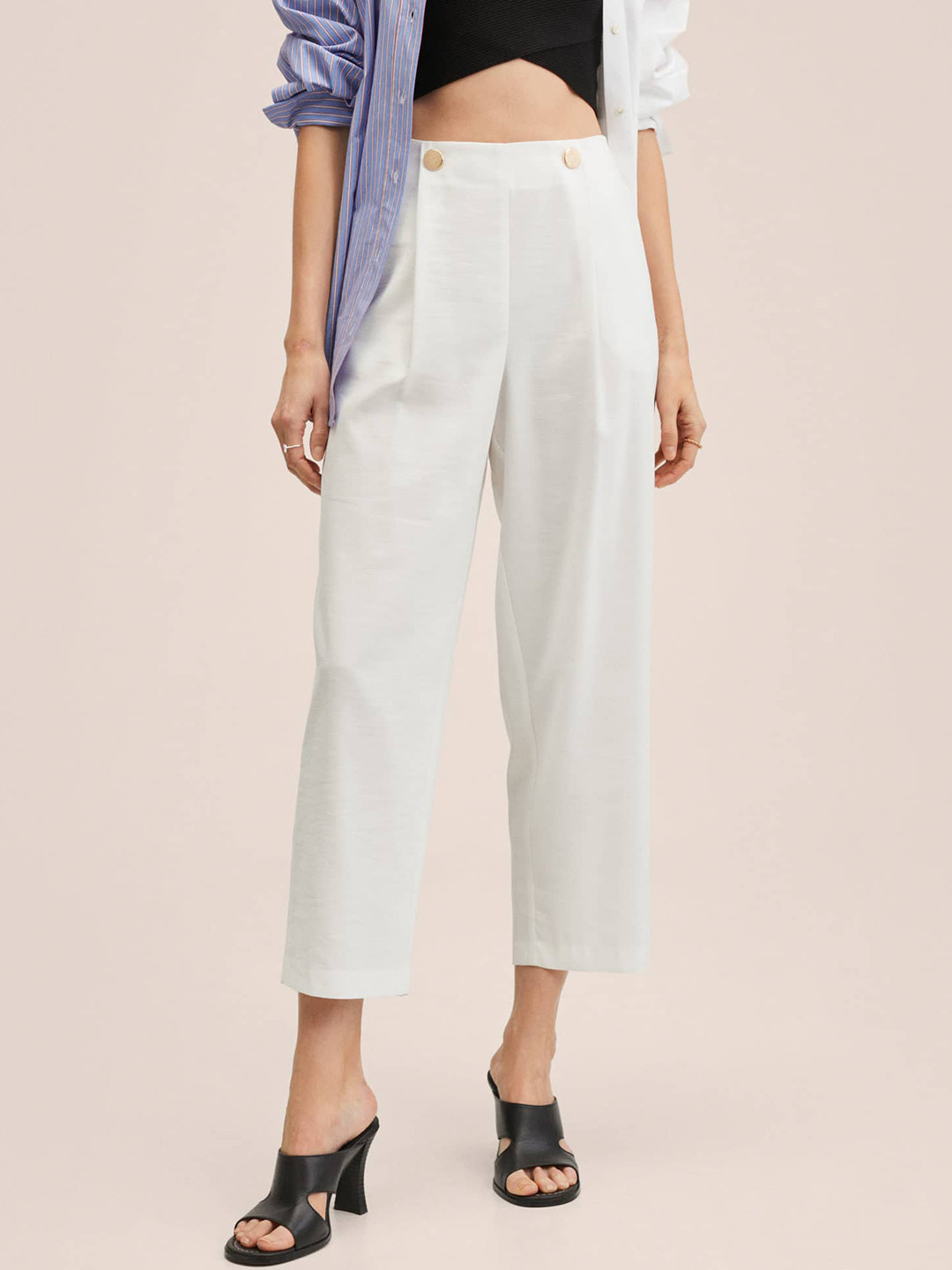 

MANGO Women White Pleated Cropped Trousers