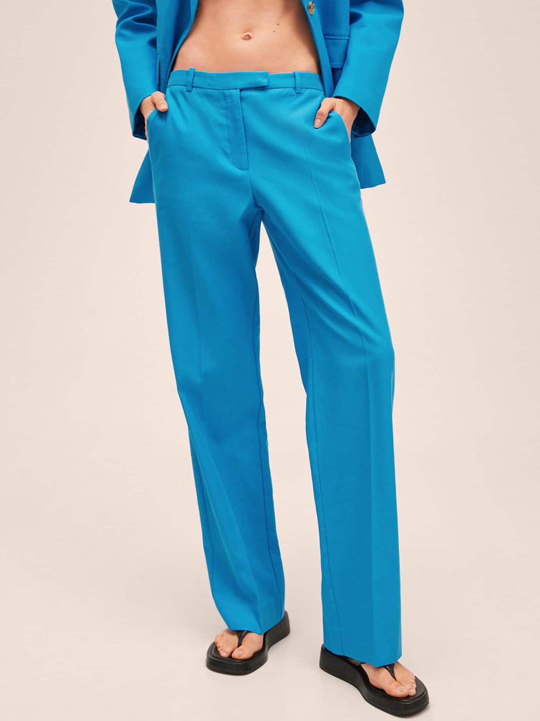 

MANGO Women Blue Straight Flat-Front Trousers