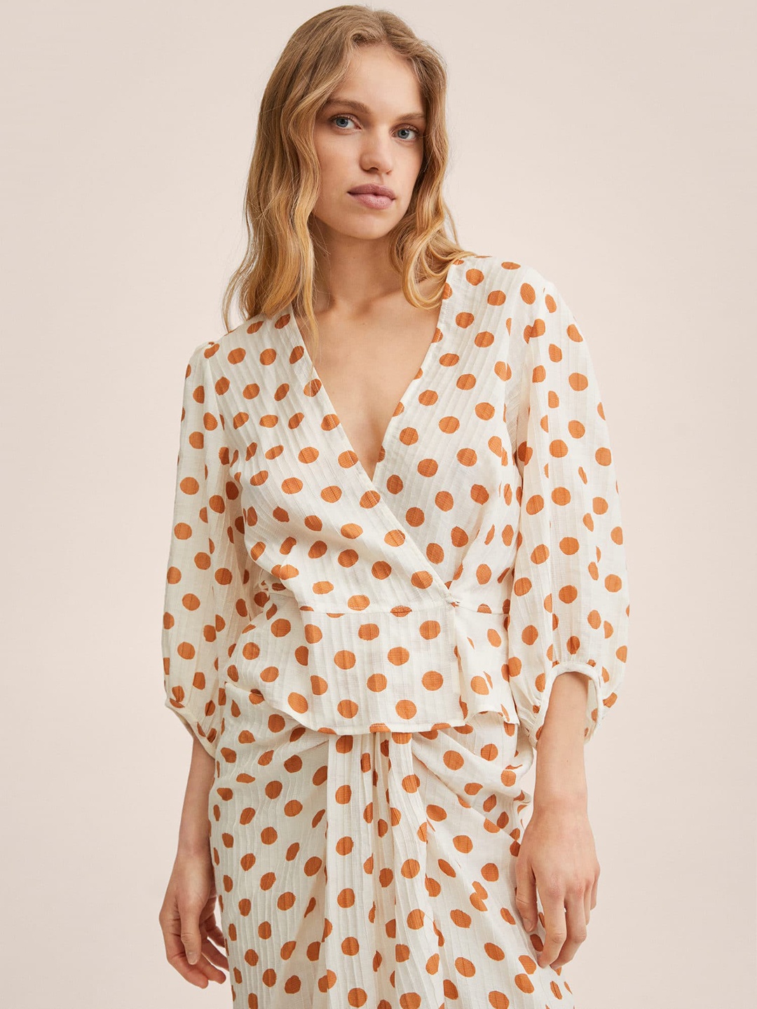 

MANGO Beige & Brown Polka Dots Print Wrap Top