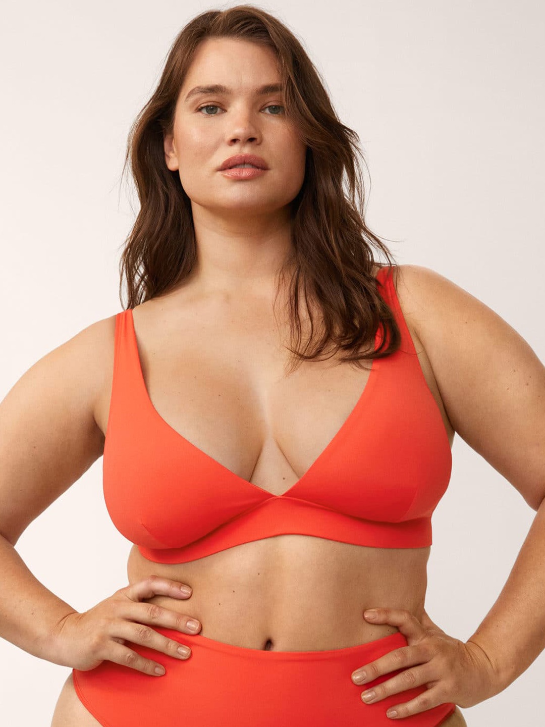 

MANGO Women Coral Red Solid Swim Top