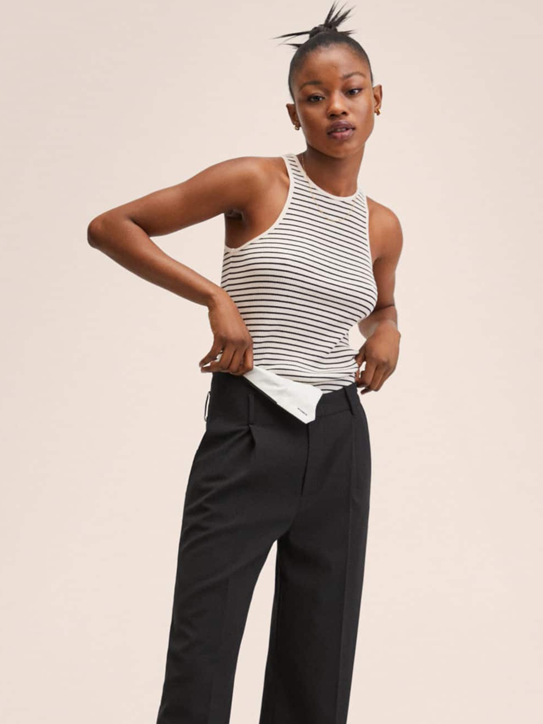 

MANGO Women Off-White & Black Ribbed Striped Top