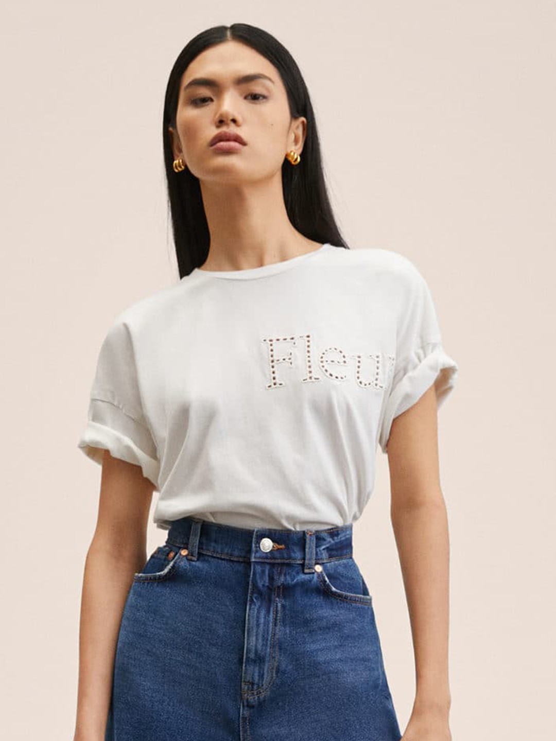 

MANGO Women White Typography Drop-Shoulder Sleeves Pure Cotton T-shirt