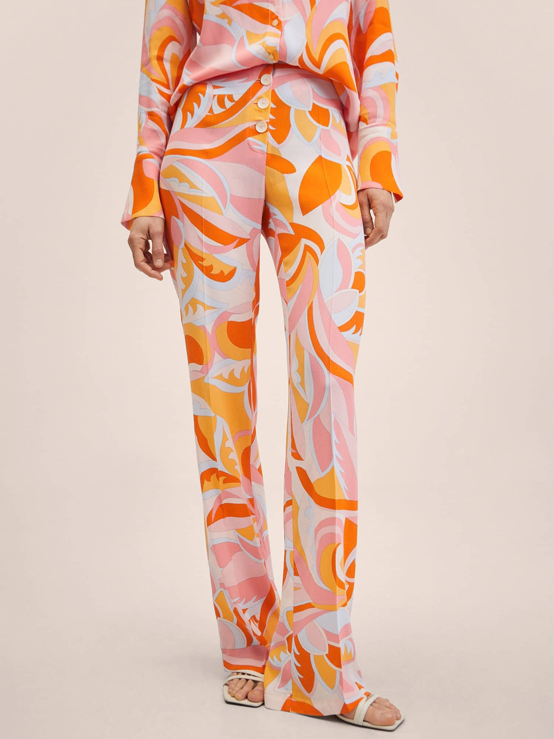 

MANGO Women Orange & Blue Printed Straight Fit Trousers