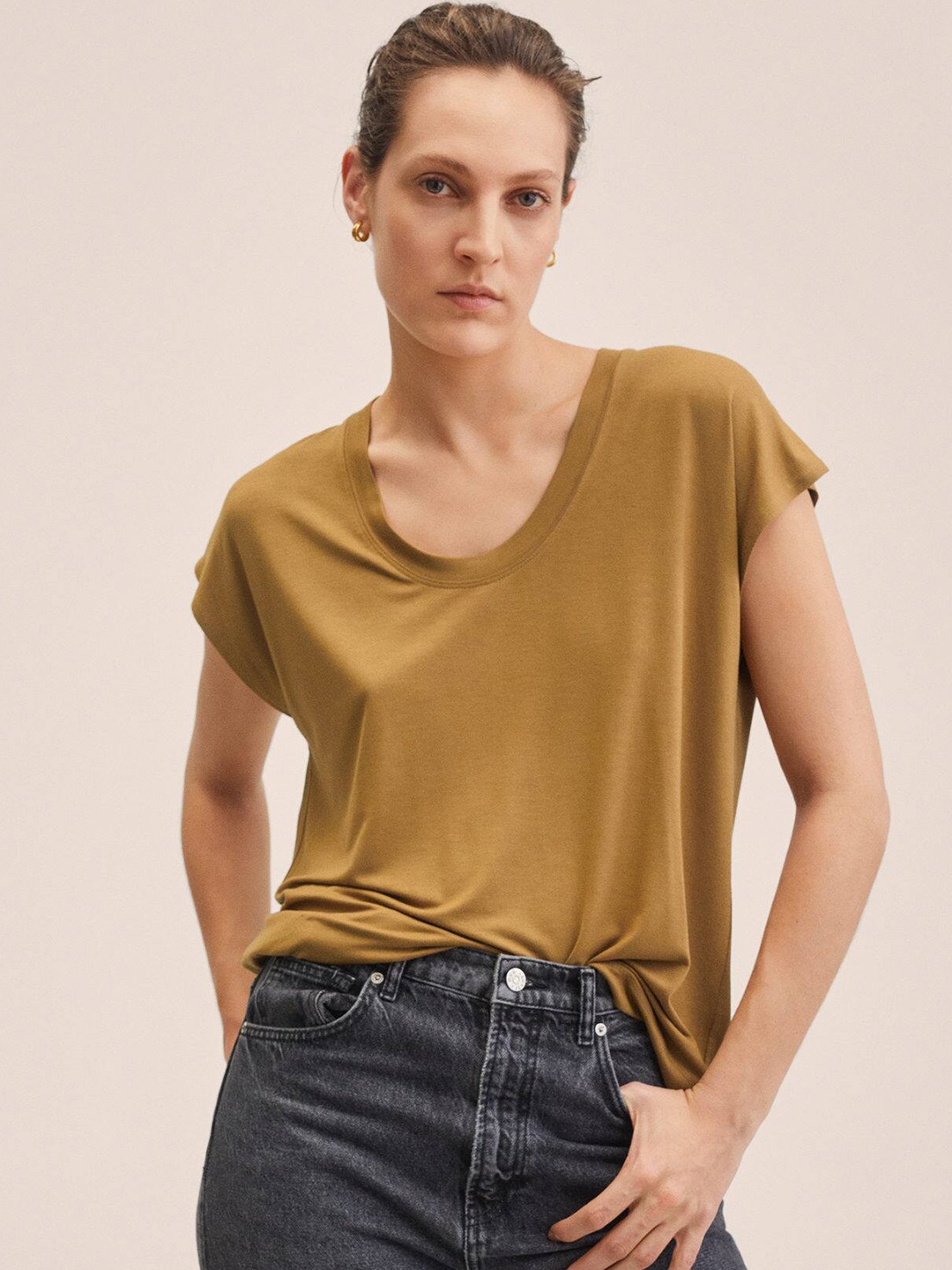 

MANGO Women Mustard Brown Solid Extended Sleeves T-shirt