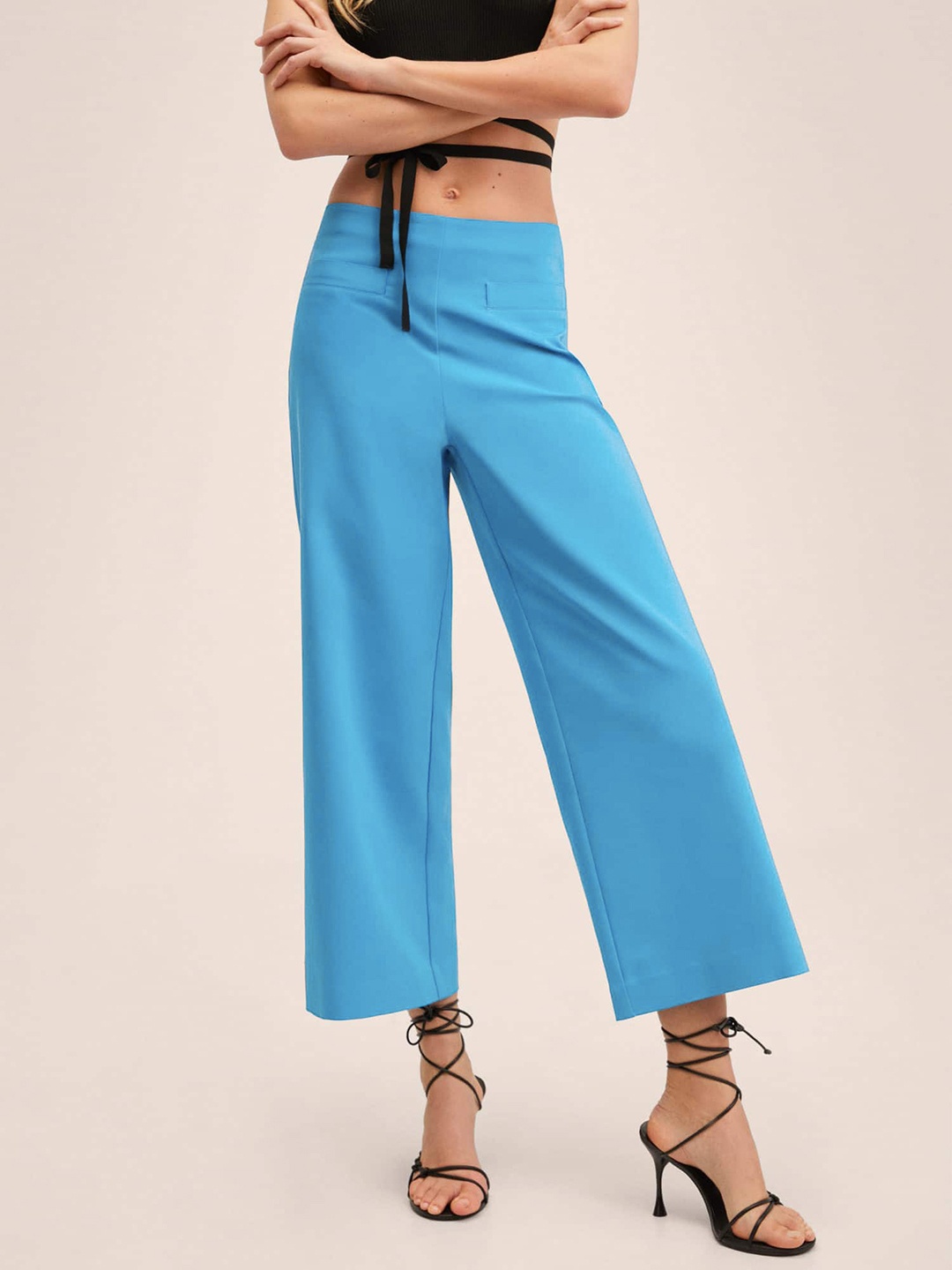 

MANGO Women Blue Solid Pocket Detail Culottes Trousers