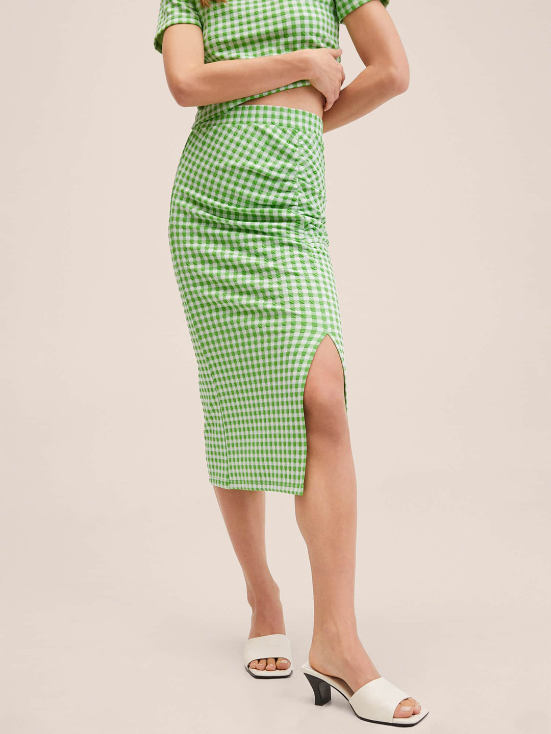 

MANGO Women Green & White Gingham Checked Midi Straight Skirt