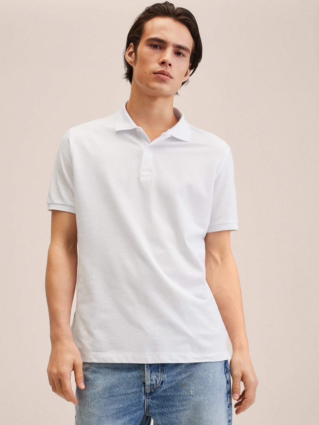 

MANGO MAN White Polo Collar Pure Cotton T-shirt