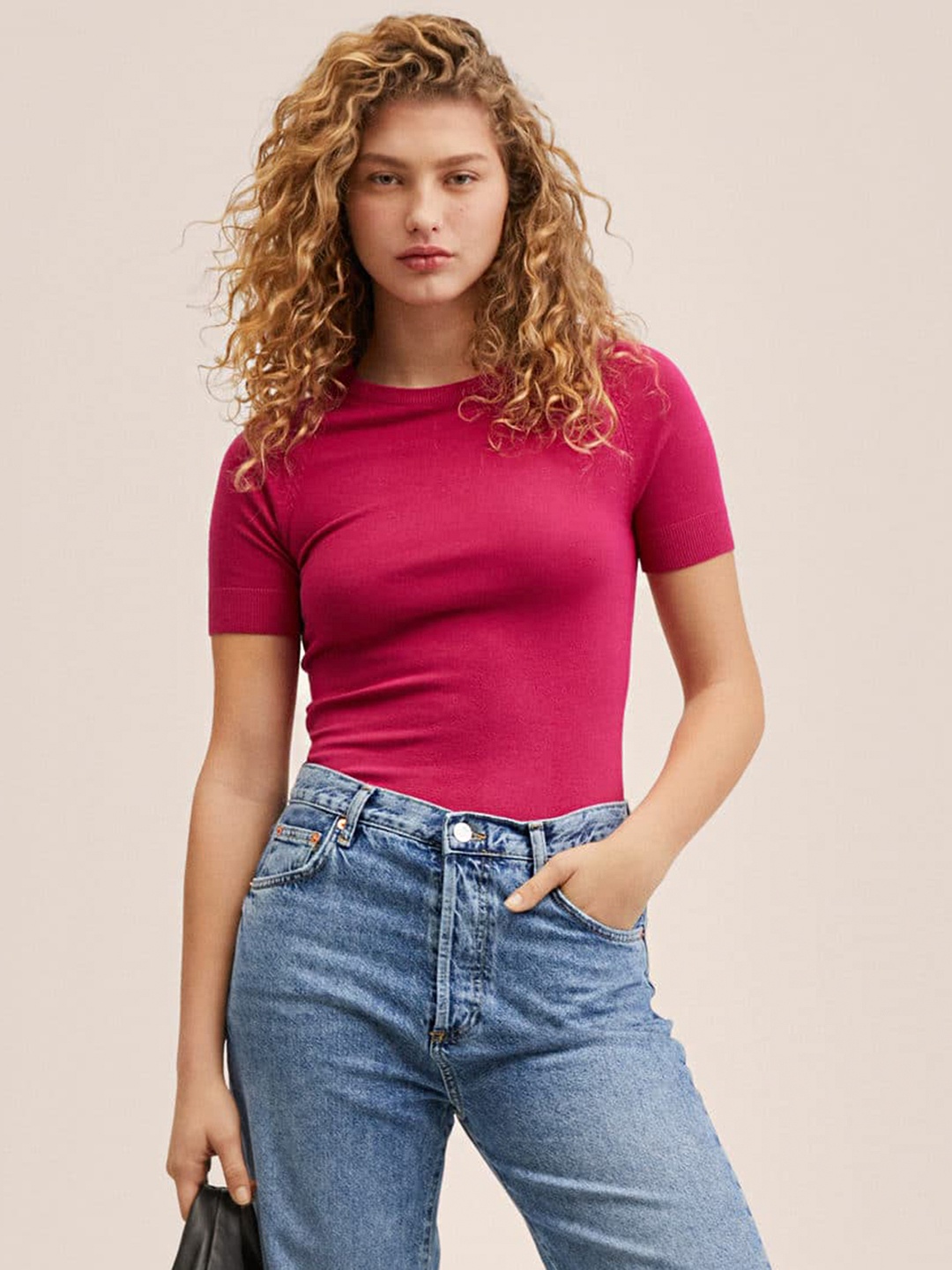 

MANGO Women Magenta Solid Top