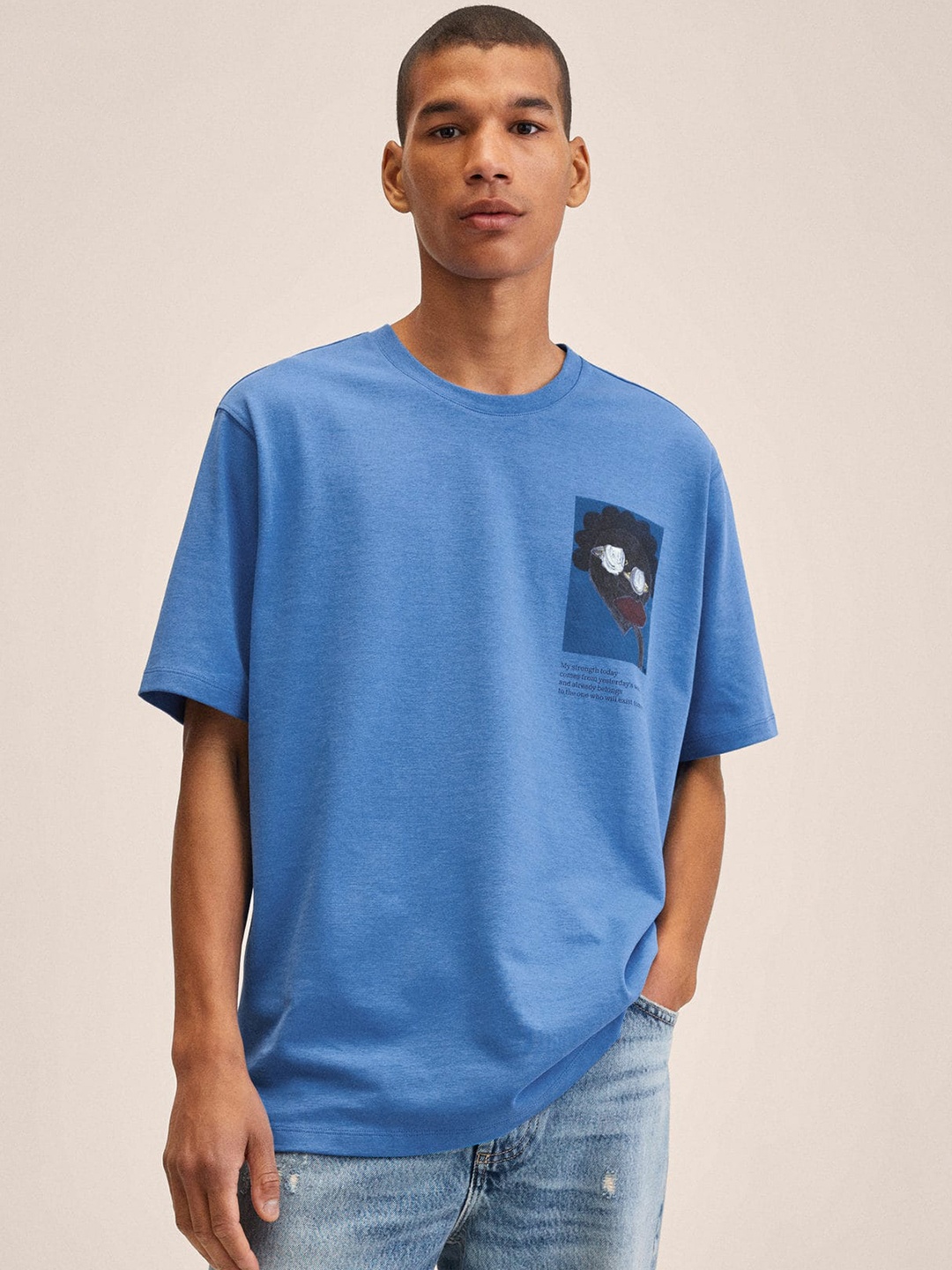 

MANGO MAN Blue Abstract Print Pure Cotton T-shirt