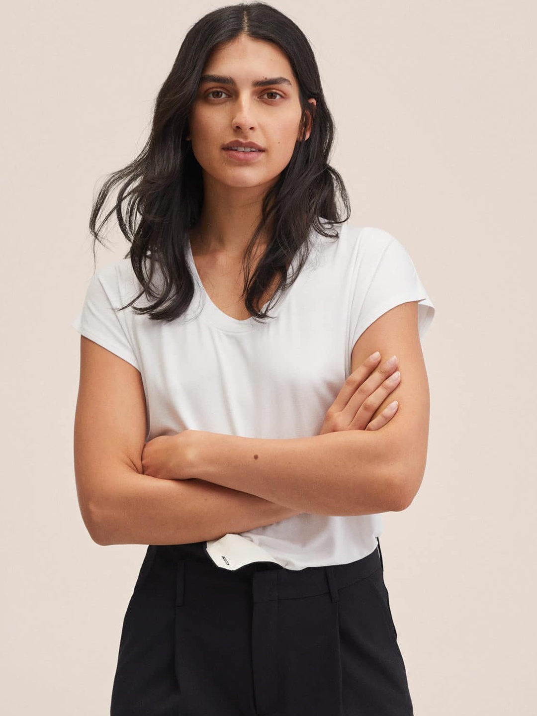 

MANGO Women White V-Neck Extended Sleeves T-shirt