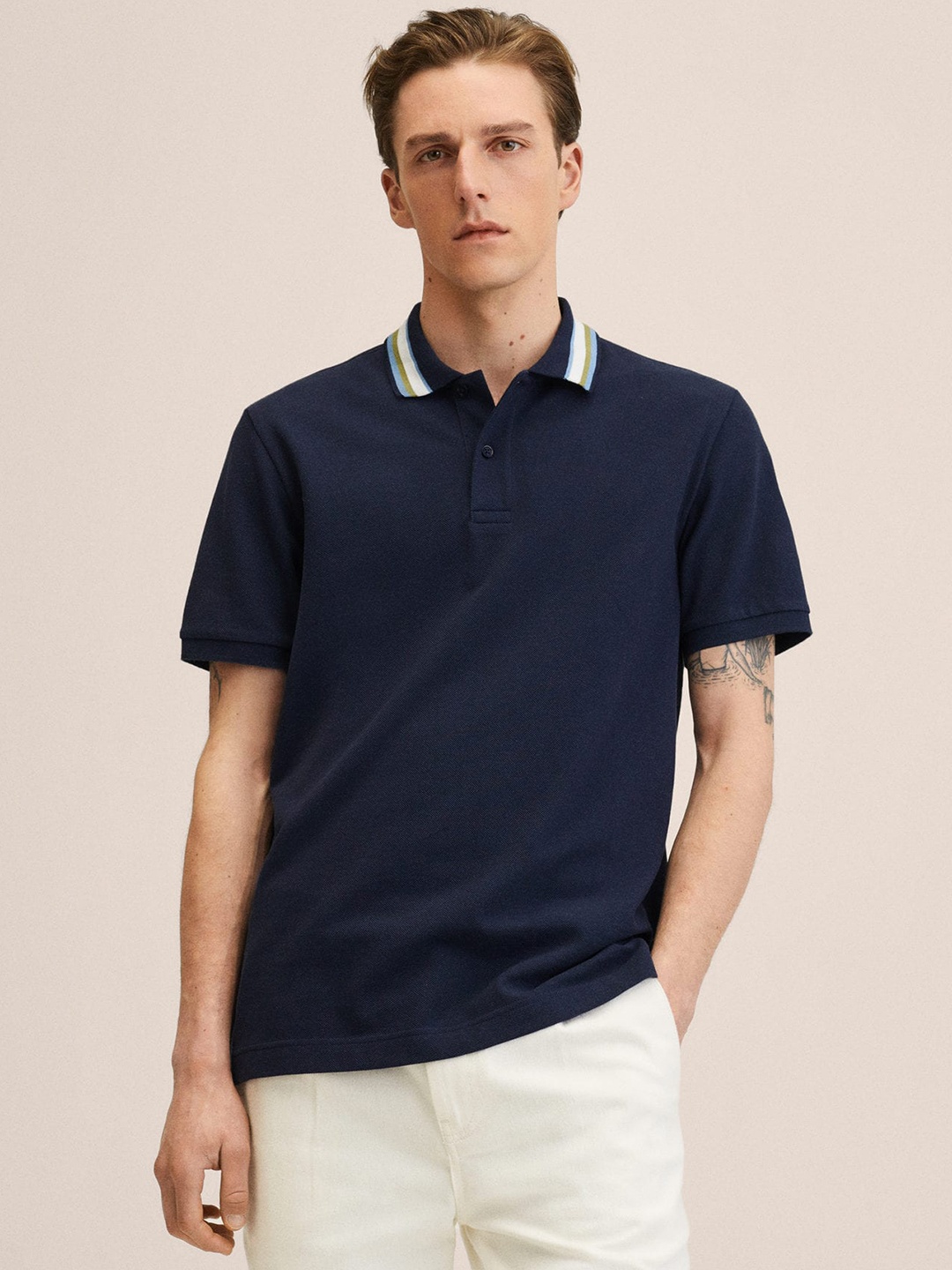 

MANGO MAN Navy Blue Pure Cotton Solid Polo Collar T-shirt