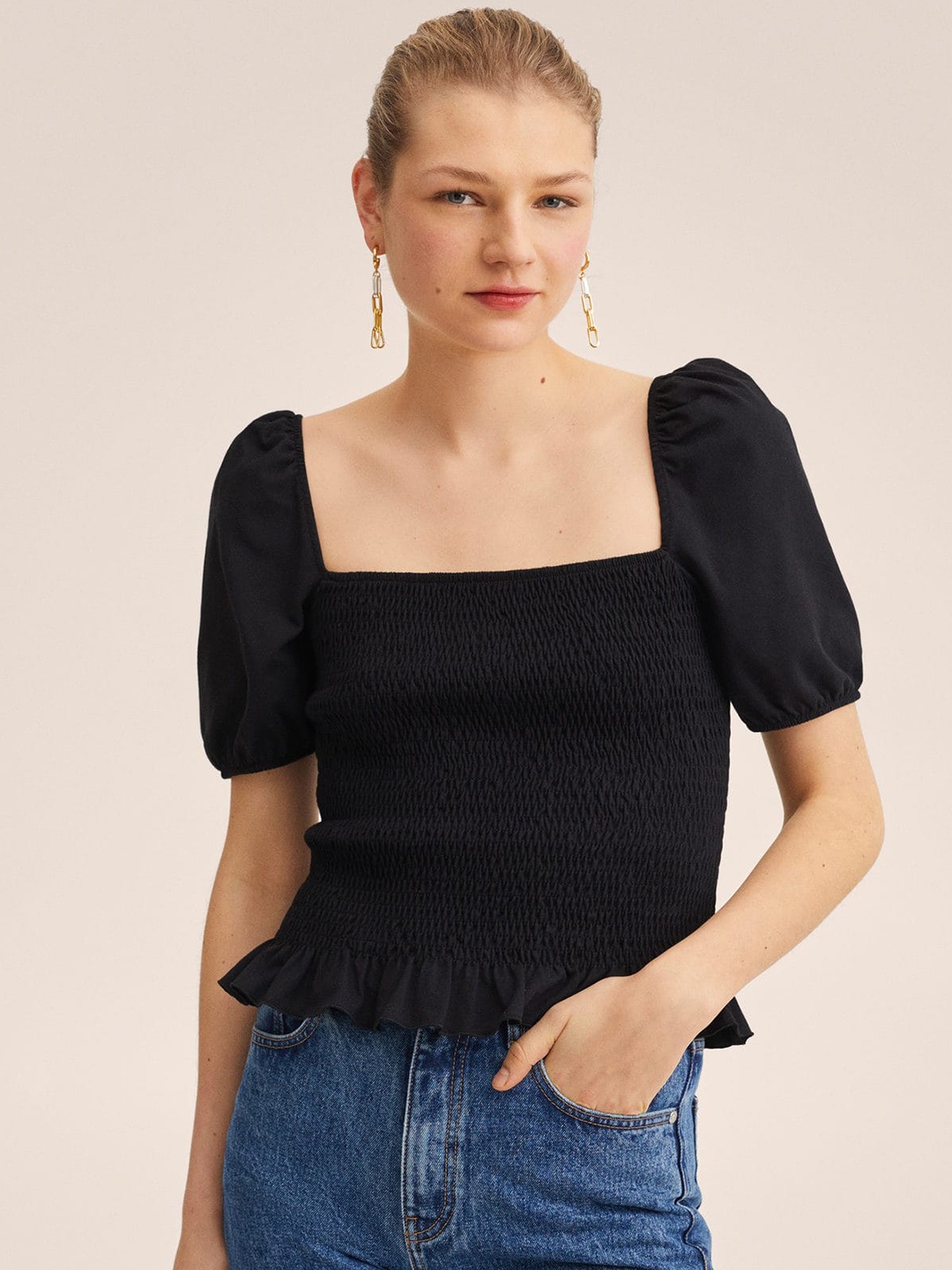 

MANGO Women Black Solid Smocked Top