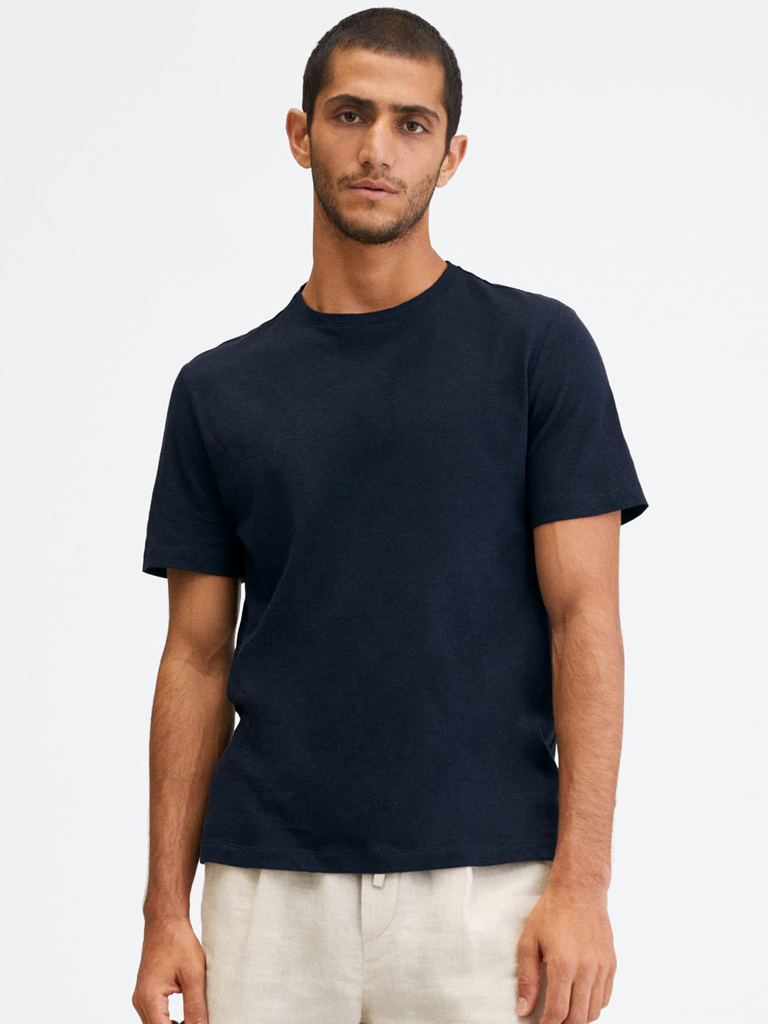 

MANGO MAN Navy Blue Pure Cotton T-shirt