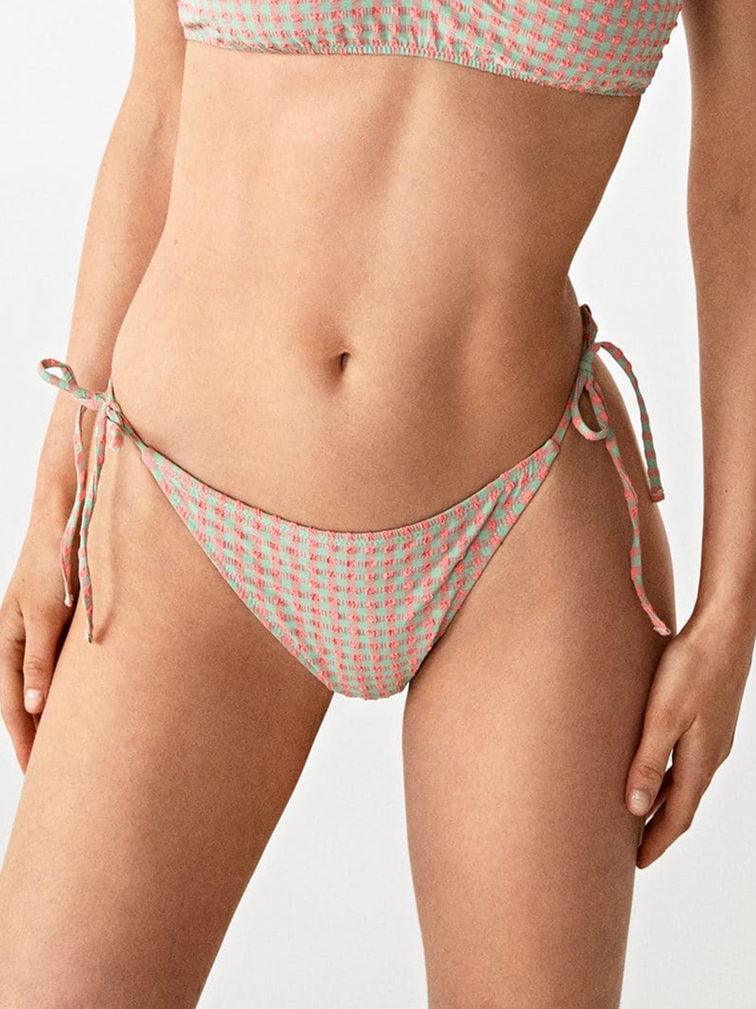 

MANGO Women Green & Pink Checked Seersucker Swim Bikini Bottom