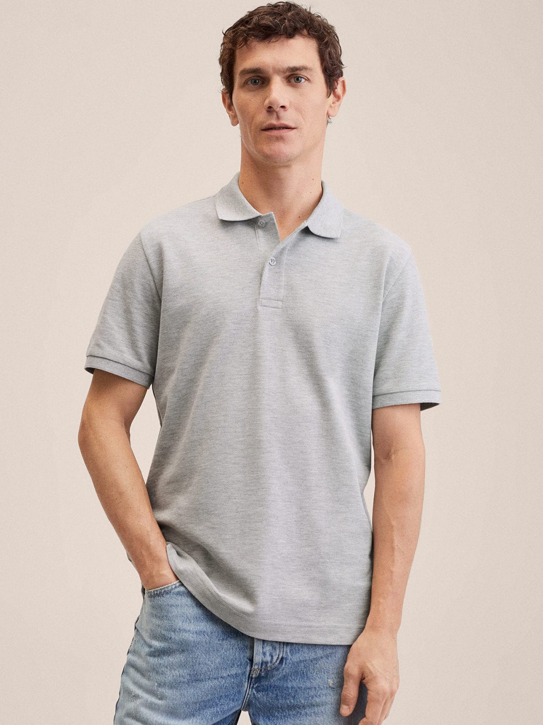 

MANGO MAN Grey Melange Polo Collar Pure Cotton T-shirt