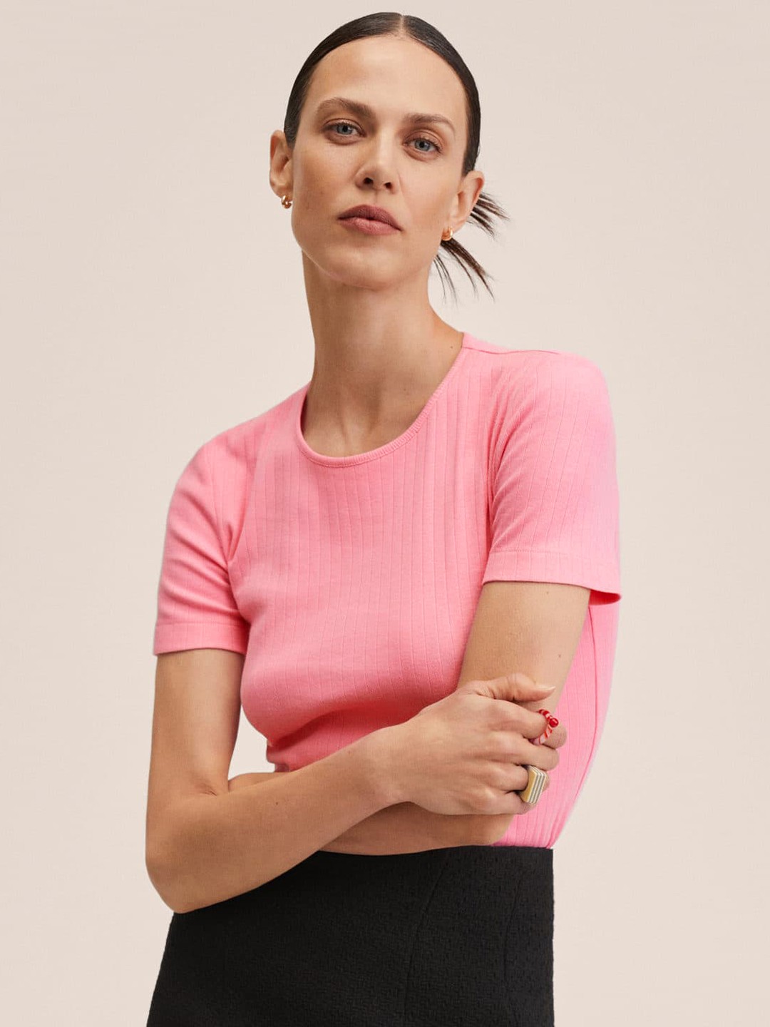 

MANGO Women Pink Self-Striped Pure Cotton T-shirt