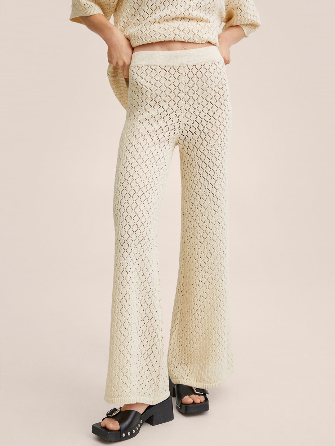 

MANGO Women Off White Crochet Knit Trousers