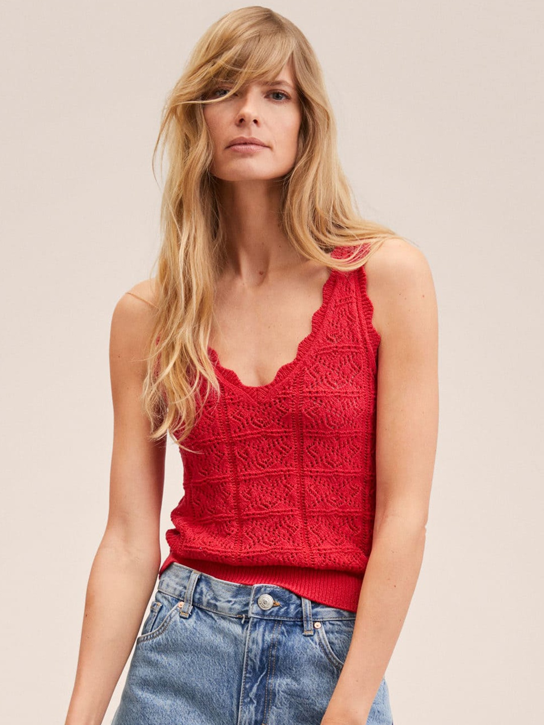 

MANGO Red Embroidered Open work knitted Top
