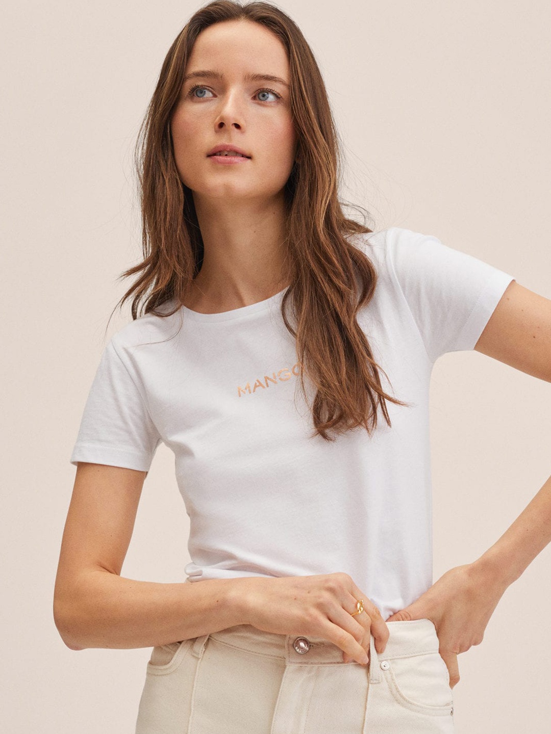 

MANGO Women White Brand Logo Printed Cotton T-shirt