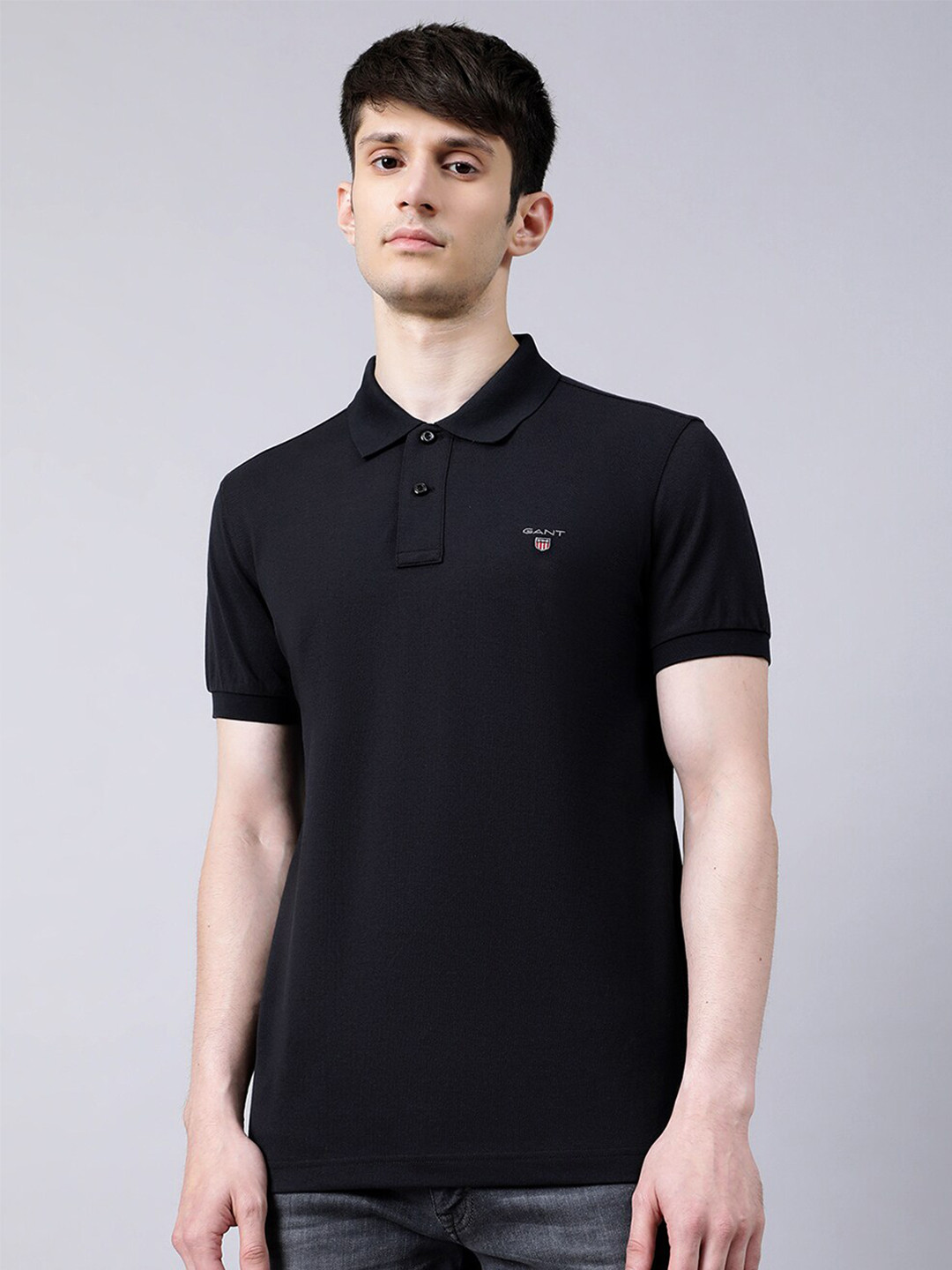 

GANT Men Black Polo Collar Pure Cotton Slim Fit T-shirt