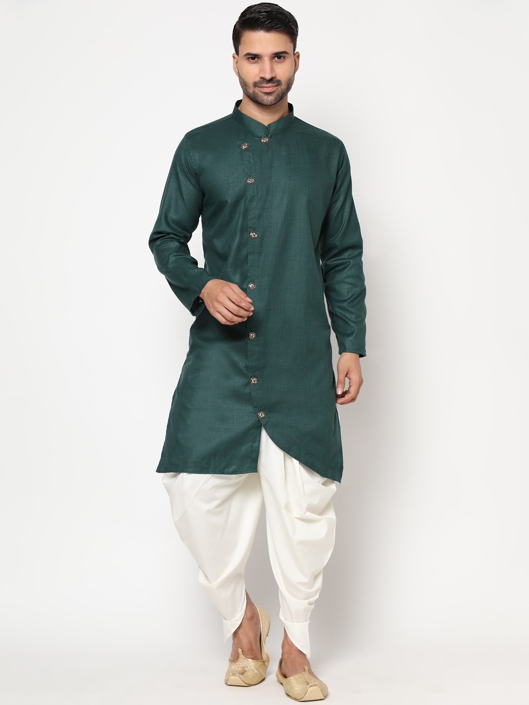 

INDIAN EPIC Men Green Angrakha Linen Kurta with Dhoti Pants