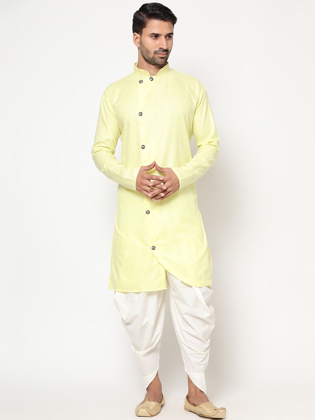 

INDIAN EPIC Men Yellow Angrakha Linen Kurta with Dhoti Pants