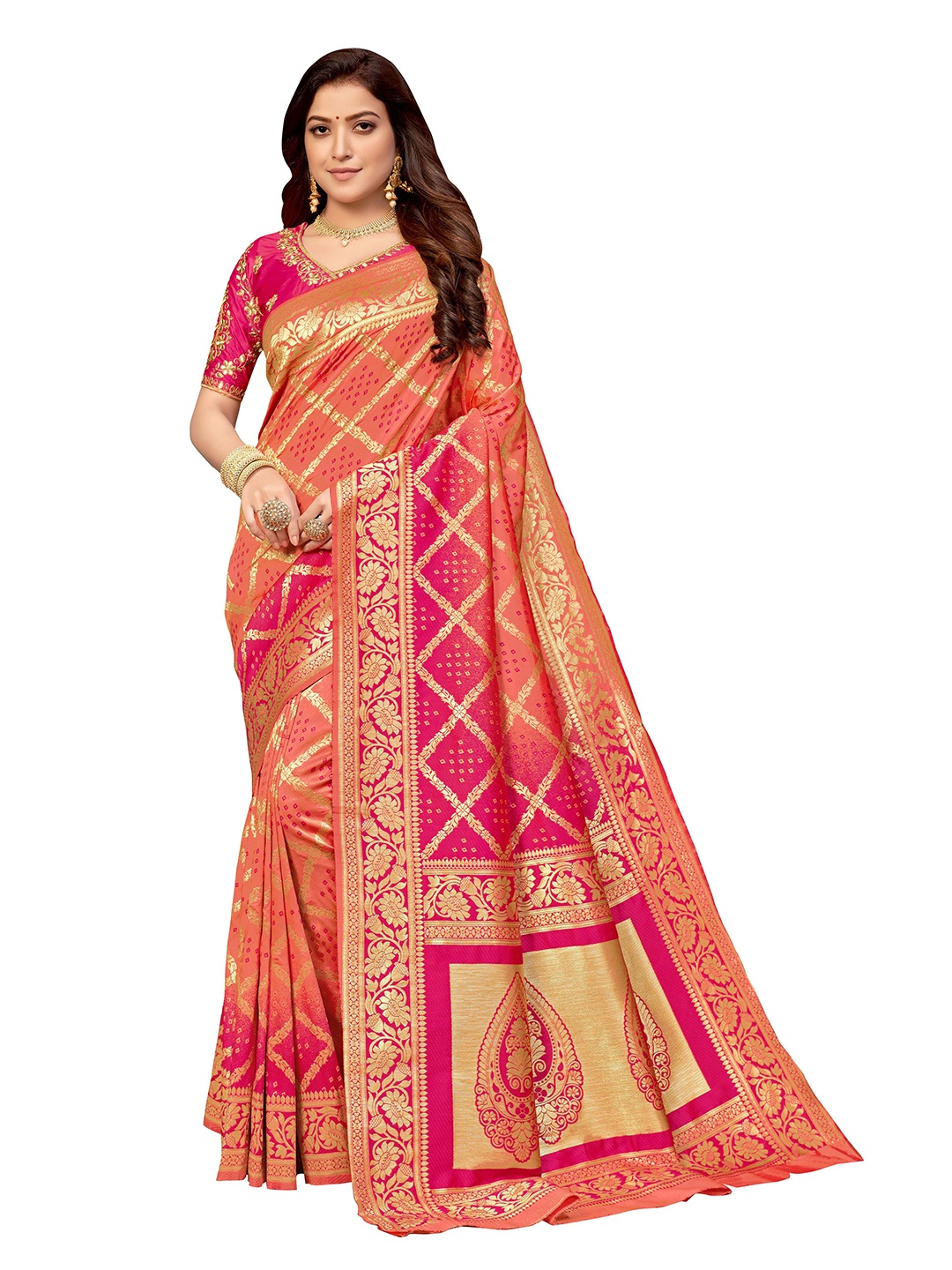 

MANOHARI Peach-Coloured & Pink Woven Design Zari Silk Blend Banarasi Saree