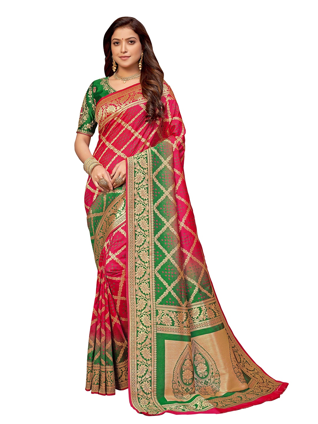 

MANOHARI Red & Green Woven Design Silk Blend Banarasi Saree