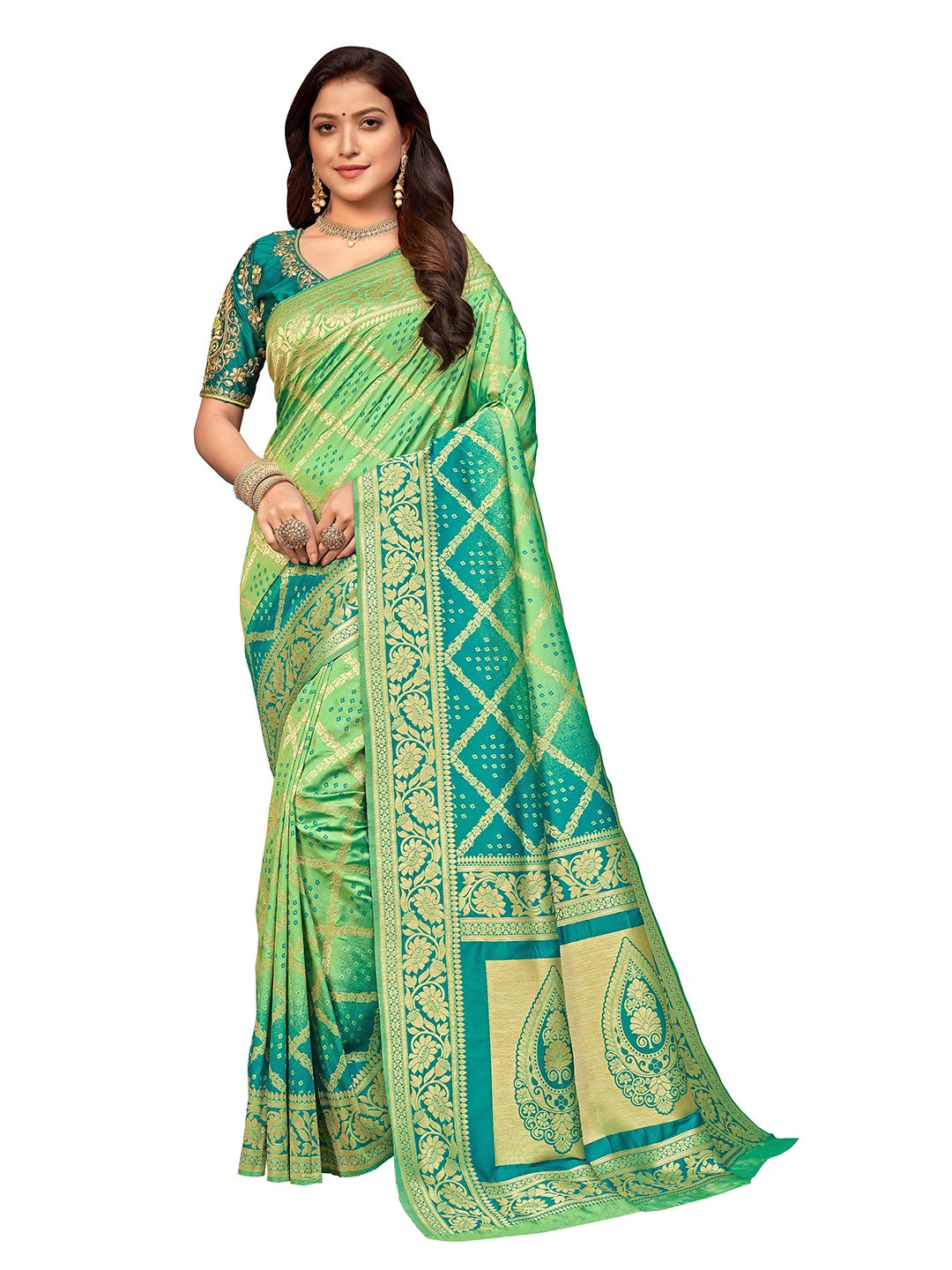 

MANOHARI Green & Golden Woven Design Zari Silk Blend Banarasi Saree