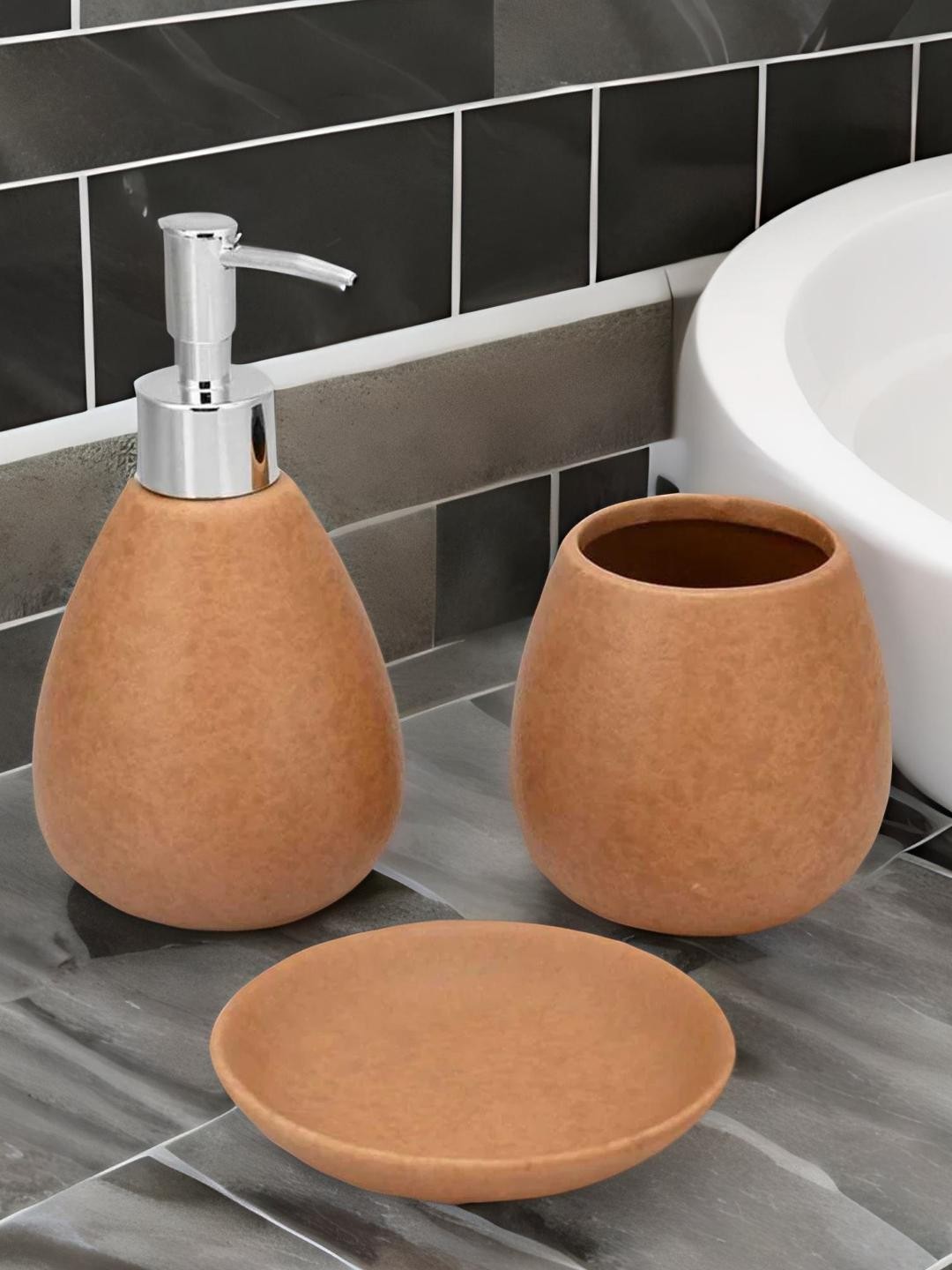

Athome by Nilkamal Set of 3 Ceramic Bathroom Accessory, Brown