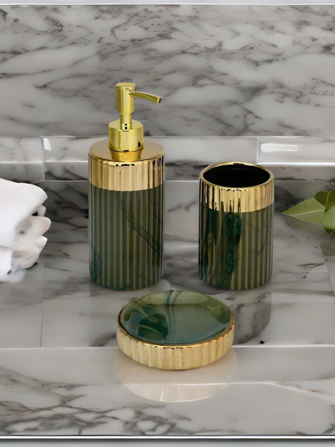 

Athome by Nilkamal Green & Gold-Toned Set of 3 Ceramic Bathroom Accessory