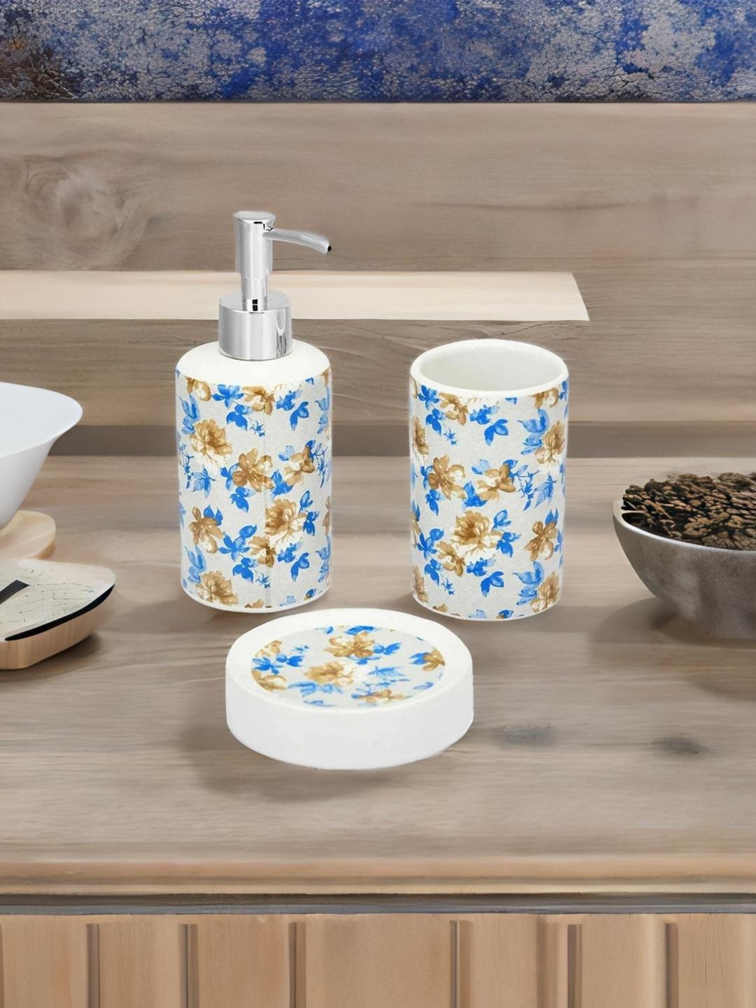 

Athome by Nilkamal Set Of 3 Blue Floral Ceramic Bathroom Accessory