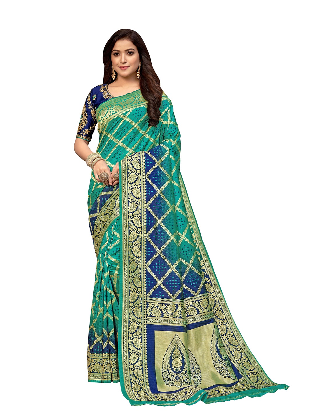 

MANOHARI Turquoise Blue & Gold-Toned Woven Design Zari Silk Blend Banarasi Saree