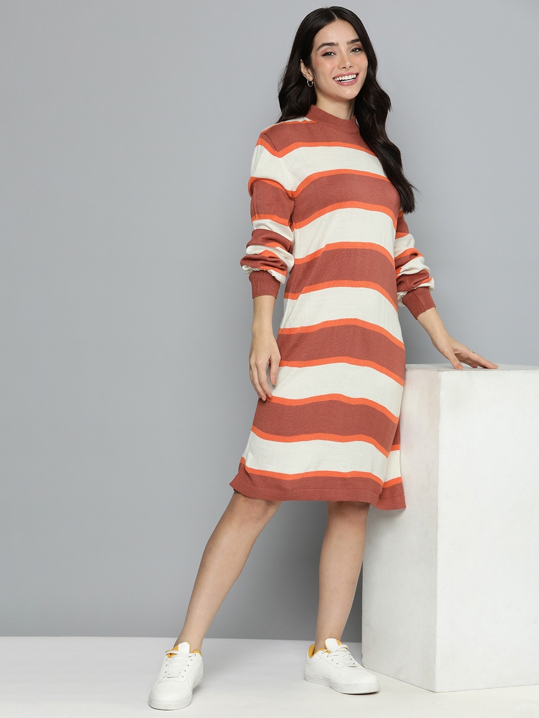 

Mast & Harbour Round Neck Striped Sheath Sweater Dress, Rust