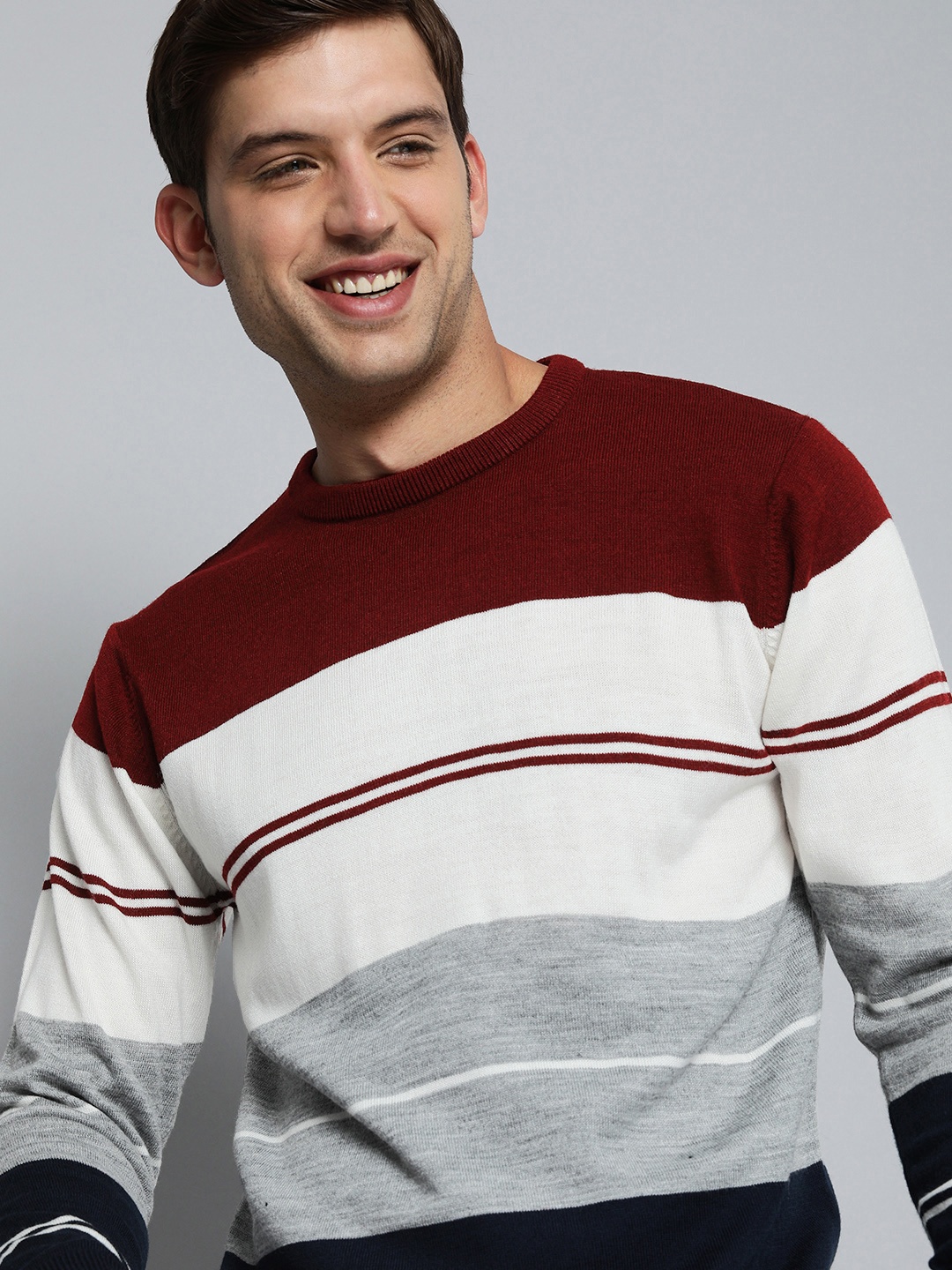 

Mast & Harbour Men Maroon & White Striped Round Neck Pullover