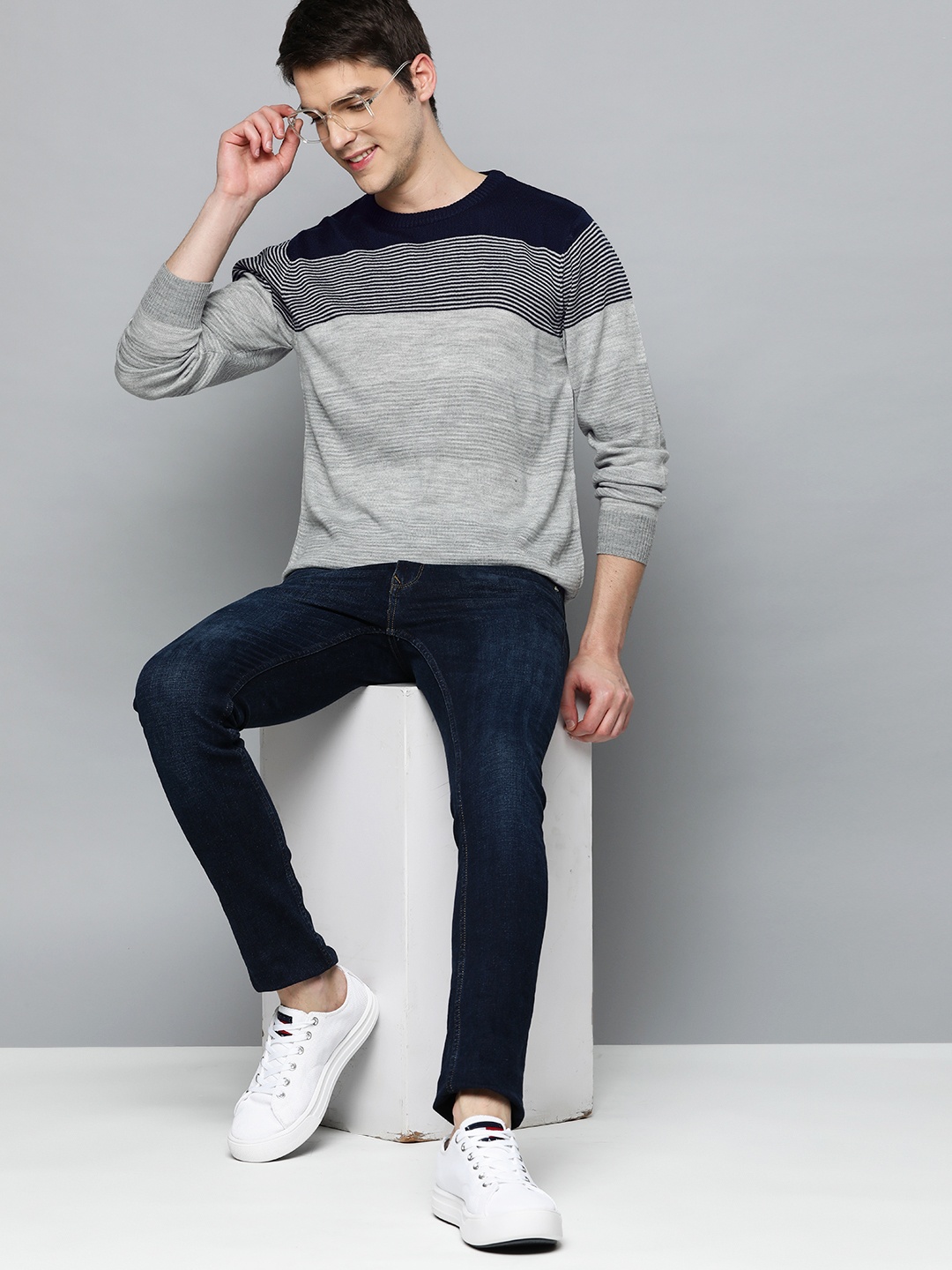 

Mast & Harbour Men Grey & Navy Blue Striped Acrylic Sweater